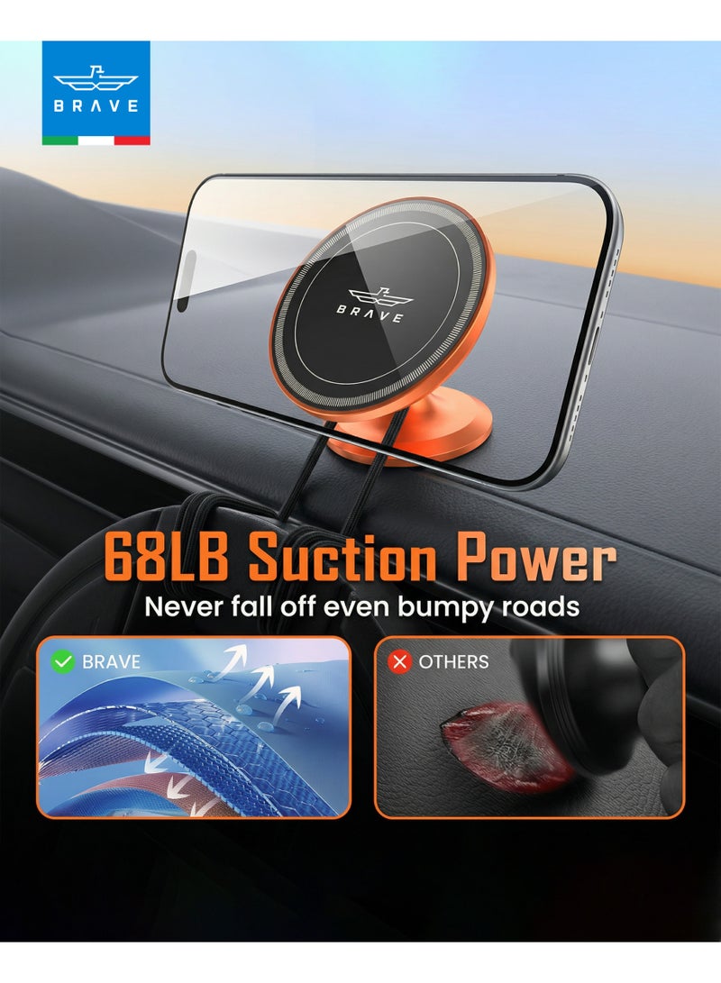 Brave MagSafe Magnetic Car Mobile Holder & Car Mount for Dashboard, Strong N52 Magnet 360° Rotatable Phone Holder, 3M VHB Adhesive Mini Stand for iPhone 17/16/15/14/13, Samsung S25/S24/S23/S22 Ultra – Orange - Image 4